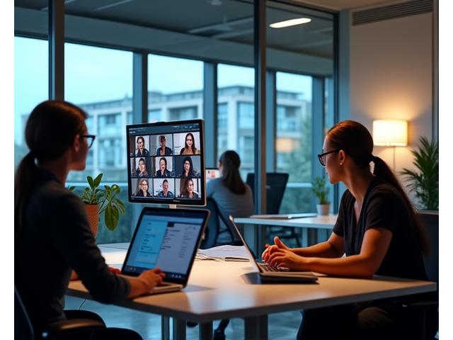 Diverse remote team members collaborating virtually, with various communication tools open on screens, conveying connection despite physical distance.