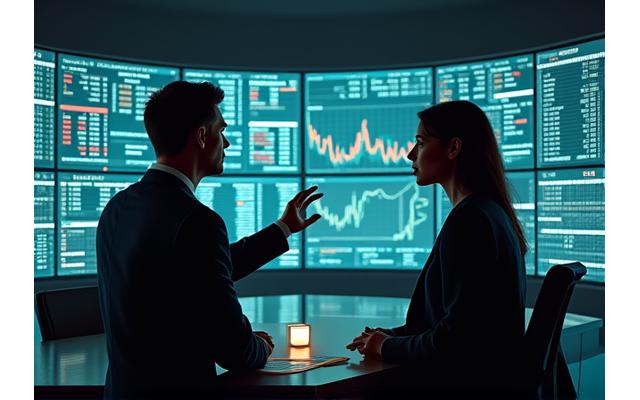 Financial advisors reviewing market data on multiple screens in a professional office.